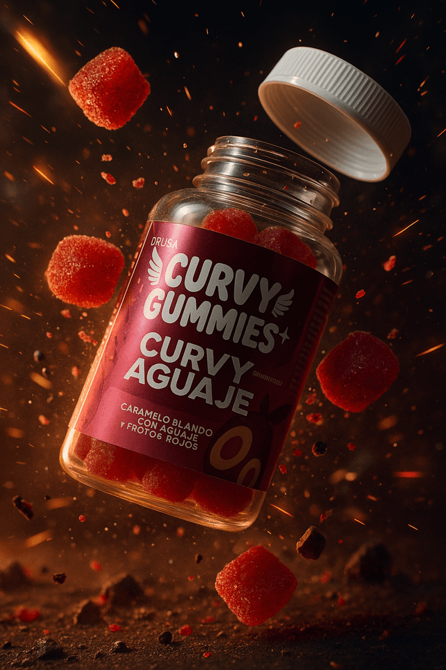 Creativo con IA del mismo producto, con el frasco abierto y las gomitas en una composición publicitaria